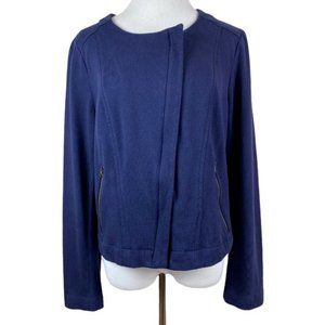 Ann Taylor Loft Jacket Large‎ Navy Blue Off Center Full Zip Pockets Cotton